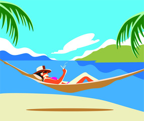 Obraz na płótnie Canvas flat design Beautiful young woman tanning, with sunglasses, hat, at the beach, retro style. Pop art. Summer