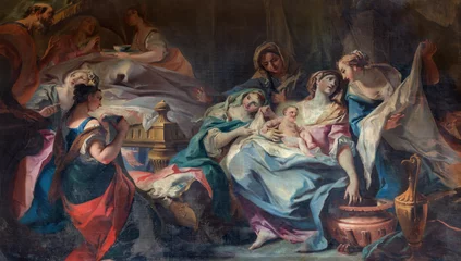 COMO, ITALIEN - 8. MAI 2015: Das Gemälde der Geburt der Jungfrau Maria in der Kirche Santuario del Santissimo Crocifisso von Carlo Inncenzo Carloni (1687-1775). © Renáta Sedmáková