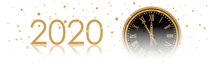 Obraz na płótnie Canvas Black and golden shiny 2020 New Year web banner. Card with snow, reflection and blurred round clock the chimes Kremlin Spasskaya Tower isolated background. Vector illustration for website
