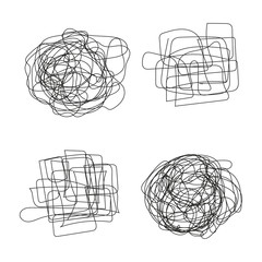 Set of random chaotic lines. Hand drawing insane tangled scribble clew. Vector icon isolated on white background.