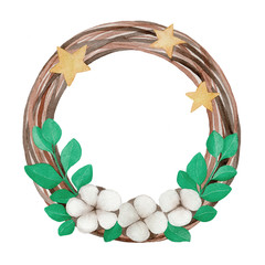 Watercolor wreath of cotton flowers, branches and green leaves, and stars isolated on a white background. Hand drawn round frame. Christmas illstration