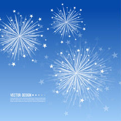 Vector firework design on blue background with scattered stars and sparkles. Bright festive decoration.