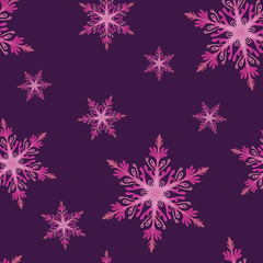 Seamless pattern of pink snowflakes on a purple background. Christmas texture for wrapping paper, wallpaper, and fabric design
