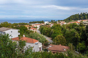 Obraz premium Beautiful aerial top view of scenic small town of Greece. Horizontal color photography.