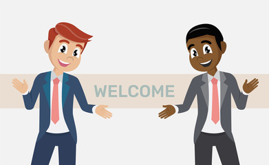 Cartoon character, businessman or manager opens his arms. Meeting, welcome concept.