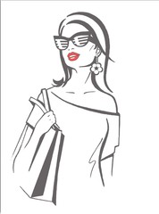 Fashionable shopping girl with red lips in sunglasses with a bag on her shoulder. Hand-drawn.