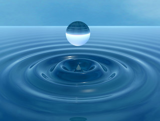 3d illustration. Blue sphere above the clear water surface.