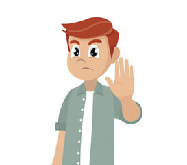 Cartoon character, Serious man shows stop gesture.