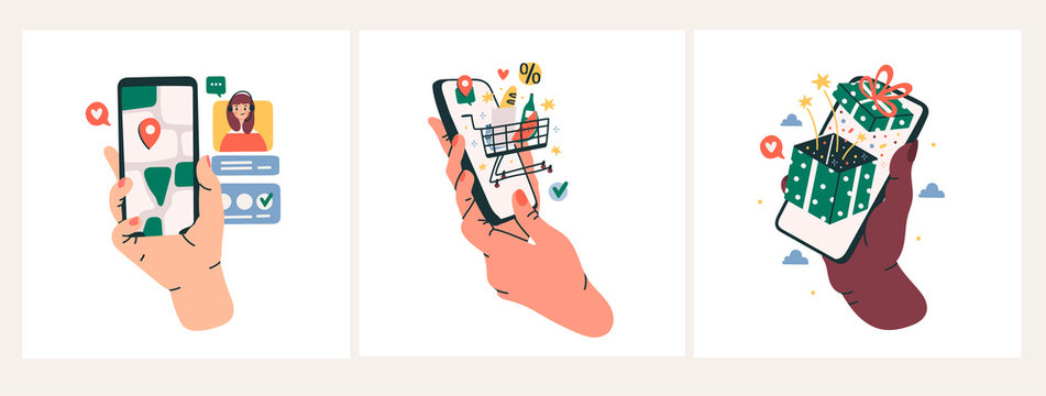 Set of hands that hold smartphones with various images. Communication, social networking concept. Stylized hand drawn vector illustration for Mobile Application or web sites and banner design