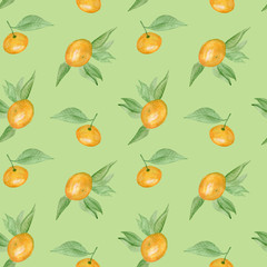 Hand drawn watercolor tangerines with leaves on a green background. Seamless pattern of mandarins for textile, wrapping paper, and wallpaper design. 