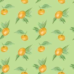 Hand drawn watercolor tangerines with leaves on a green background. Seamless pattern of mandarins for textile, wrapping paper, and wallpaper design. 