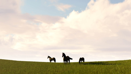 Obraz na płótnie Canvas horses Landscape at Sky Background 3D Rendering