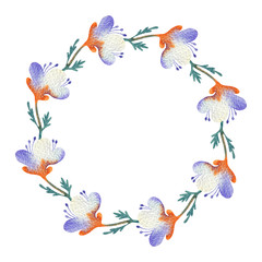 Wreath of watercolor flowers isolated on a white background. Round floral frame