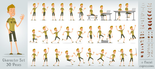 Cartoon funny cute blonde scout boy character in green uniform. 30 different poses and face expressions. Isolated on white background. Big vector icon set. - obrazy, fototapety, plakaty