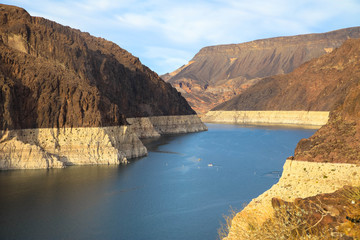 Low water in Lake Mead in autumn. View from the Arizona side
