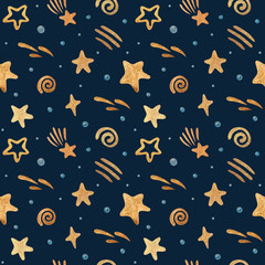Watercolor seamless pattern with the gold stars. Gold watercolor on the dark background. Kids watercolor night illustration. Ideal for children's textiles, cards, posters, backdrops.