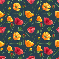Watercolor seamless pattern with poppies, buttercups and leaves. Floral background with flowers and buds.