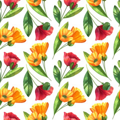 Watercolor seamless pattern with poppies, buttercups and leaves. Bright floral background with flowers and buds.
