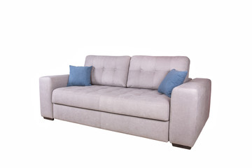 Double sofa of light material with blue cushions