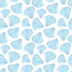 Hand-drawn watercolor sea pattern with shells. Nature print with shells for sea decor.