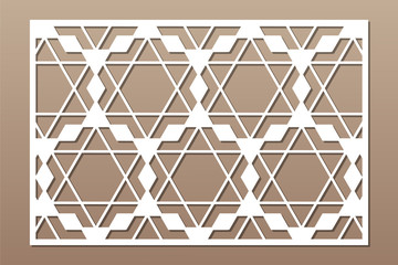 Decorative card for cutting. Arabic linear mosaic pattern. Laser cut. Ratio 3:2. Vector illustration.