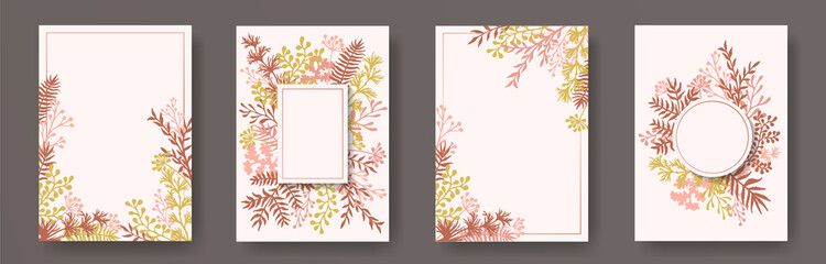 Wild herb twigs, tree branches, flowers floral invitation cards set. Plants borders rustic cards design with dandelion flowers, fern, lichen, eucalyptus leaves, sage twigs.