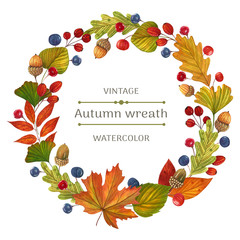 Autumn watercolor wreath with colored leaves, berries and acorns on the white background. Ideal for greeting card, invitation, banner, posters with space for the text.