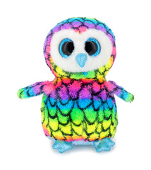 Cute rainbow colored owl plushie doll isolated on white background with shadow reflection. Plush stuffed puppet bird toy for small kids. Owl colored in LGBT colors sitting on white underlay.