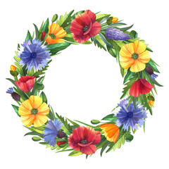 Romantic summer wreath with wild flowers. Watercolor illustration with floral elements for wedding card, invitation, print.