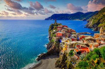 Landscape view of colorful village Vernazza in Cinque Terre with beautiful sky