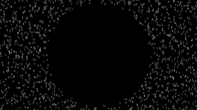 Abstract white different small numbers moving chaotically on black background, seamless loop. Animation. Numbers flying from the black circle shaped center to all the sides of the screen.