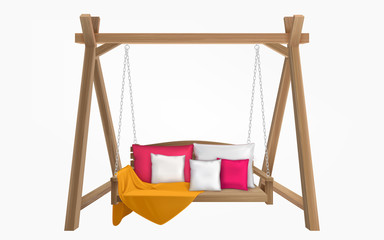 Wooden porch swing with pillows and yellow blanket. Vector swing bench furniture with cushions for outdoor, garden and patio. Comfortable hammock hanging on frame isolated on white background