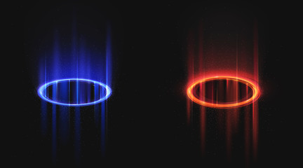 Versus blue and red round holograms with light rays and sparks. Glow neon magic portals on night scene. Digital futuristic teleport. Vector realistic template for vs game battle on black background - obrazy, fototapety, plakaty