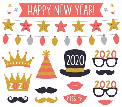 New Year holiday vector decorations and photo booth props, party hats, crowns, lips, mustache, glasses
