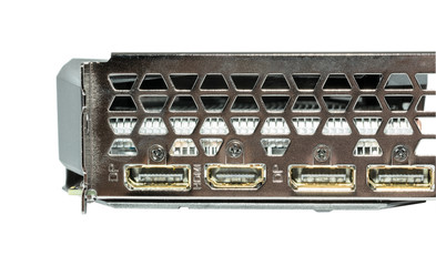 High performance video card, also called a display card, graphics card, display adapter or graphics adapter for desktop or workstation computer isolated on white background with clipping path.