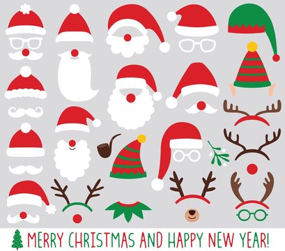 Santa Claus and elf hats, reindeer antlers, Christmas party vector set