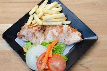  Pork menu, french fries and salad