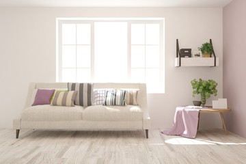 Stylish room in white color with sofa. Scandinavian interior design. 3D illustration