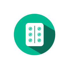 Pack of pills icon with shadow on a green circle. Vector pharmacy illustration