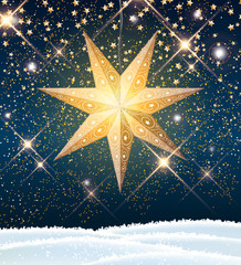 Christmas star lantern in scandinavian style with stardust on dark blue sky, illustration