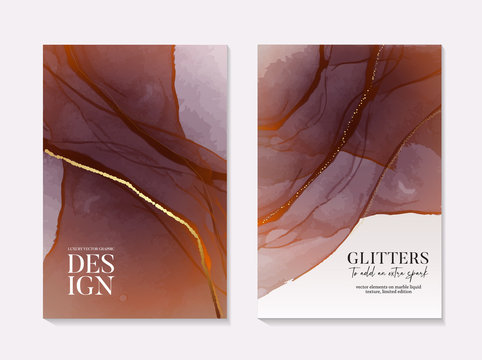 Dark rust red liquid fluid ink flow, graphic design decoration, watercolor splash marble texture. Smoth wave acrylic texture with gold glitter sparkles, wedding, preentation, website, blog, branding