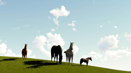 Obraz na płótnie Canvas horses Landscape at Sky Background 3D Rendering