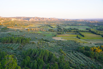 Sunset view of the Alpilles valley with green olive tree groves below the historic fortified village Les-Baux-de-Provence, in Bouches du Rhone, Provence, France.