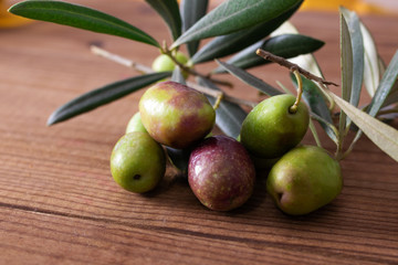 natural olives with olive branches and rustic wooden background