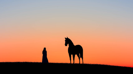 horse and woman at sunset 3D Rendering