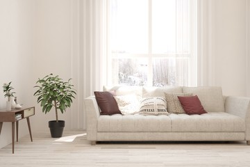 Stylish room in white color with sofa and winter landscape in window. Scandinavian interior design. 3D illustration