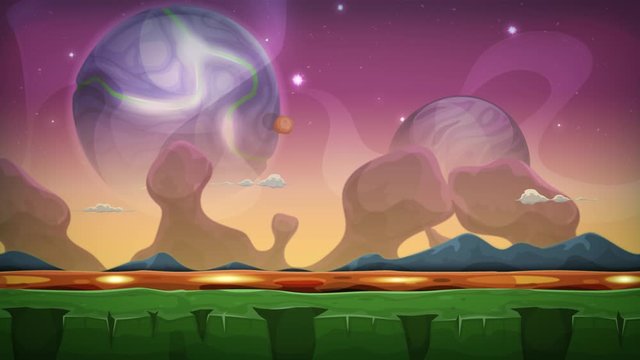 Cartoon Fantasy Alien Background Seamless Looping/ 4k seamless looped animation of a cartoon funny sci-fi alien planet landscape background, with layers for parallax including weird mountains range, s
