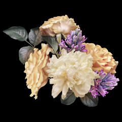 Floral arrangement, bouquet of garden flowers. Pastel yellow roses, purple hyacinth, white peony isolated on black background.
