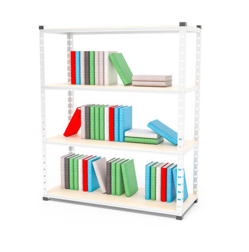 Book shelf with multiple books. Industrial metal rack