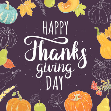  Happy Thanksgiving Greeting Card with Pumpkins, Apples, Pears and Autumn Foliage on a Dark Background